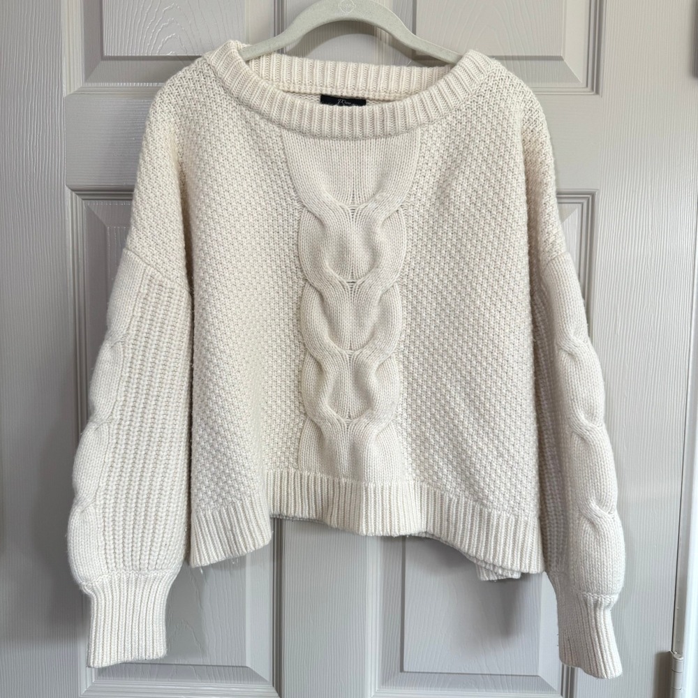 J.Crew Womens Ivory Wool Blend Cable Knit Boxy Sweater Sz M Coastal Cozy Preppy